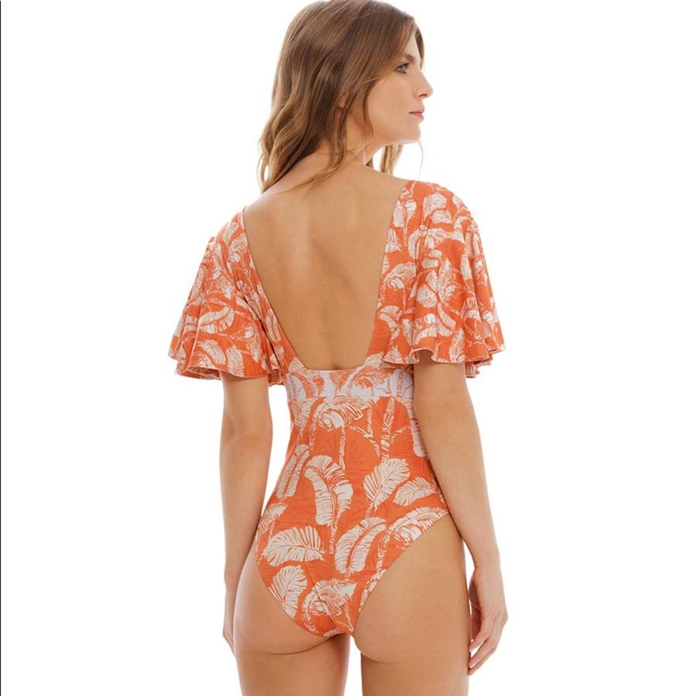 🌸Cosita Linda🌺 Reversible Ruffle Sleeve Coral One Piece Swimsuit NWT